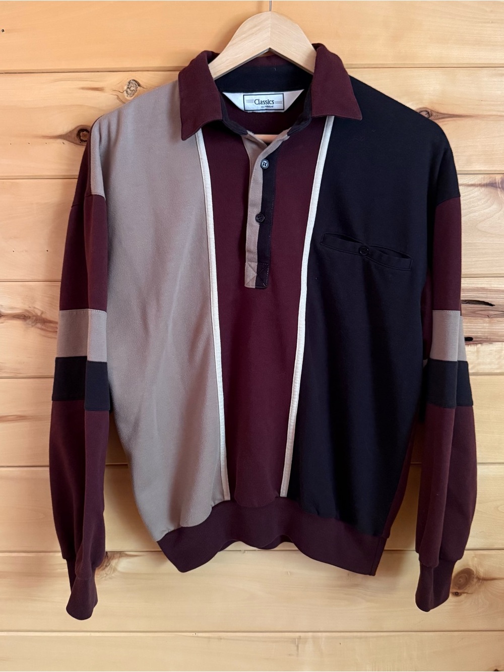 Unique Vintage Men’s Colorblock Polo — Maroon, Black, Taupe